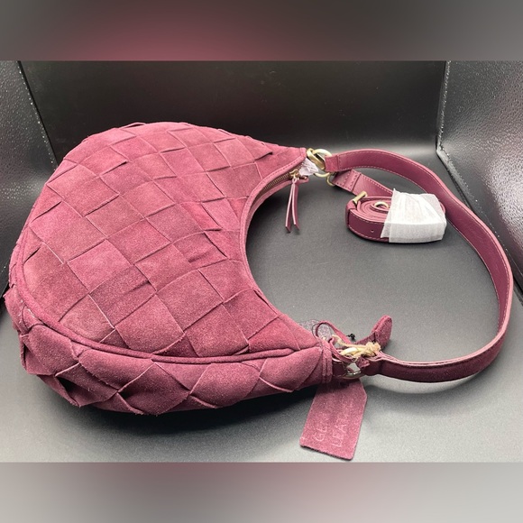 Genuine Suede Woven Hobo Shoulder Bag Burgundy - Picture 6 of 10